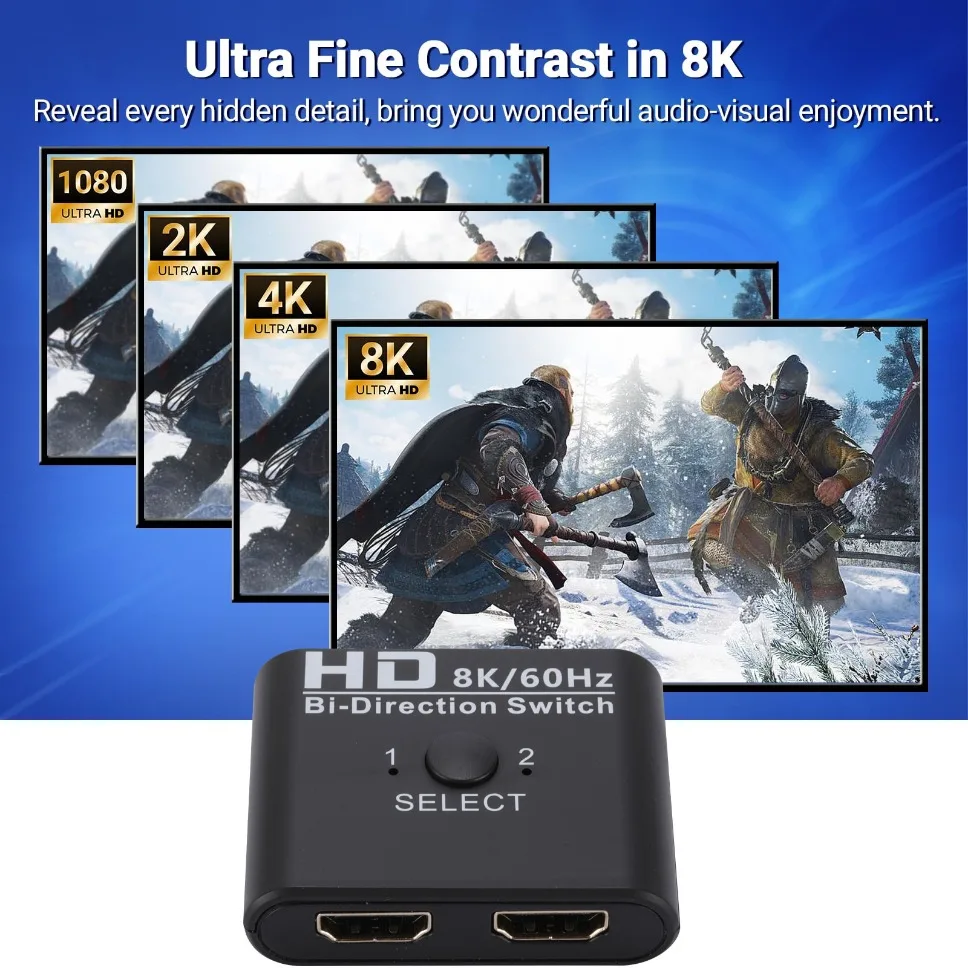 HDMI Switch Splitter 8K 60Hz 4K120Hz, dua arah 1 in 2/2 in 1 HDMI Switcher out Untuk TV Xiaomi Xbox Series X PS4 HDMI Monitor