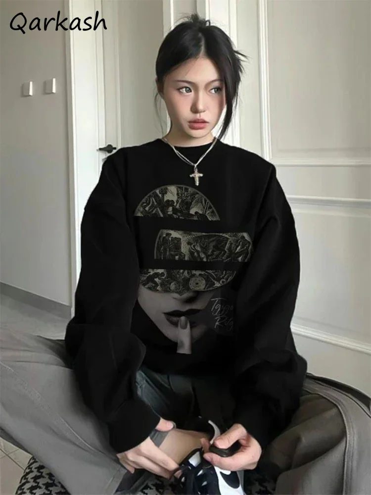 

Long Sleeve Sweatshirts Women Black Printed Cool Girls Tops Pullover No Hat Hoodies Autumn Warm Cozy Fashion Ulzzang Aesthetic