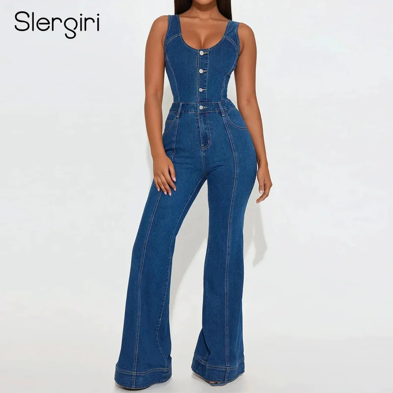 

Slergiri Women's Scoop Neck Button Front Sleeveless Denim Jumpsuit Fashion 2025 Summer High Waist Casual Sexy Flared Pants