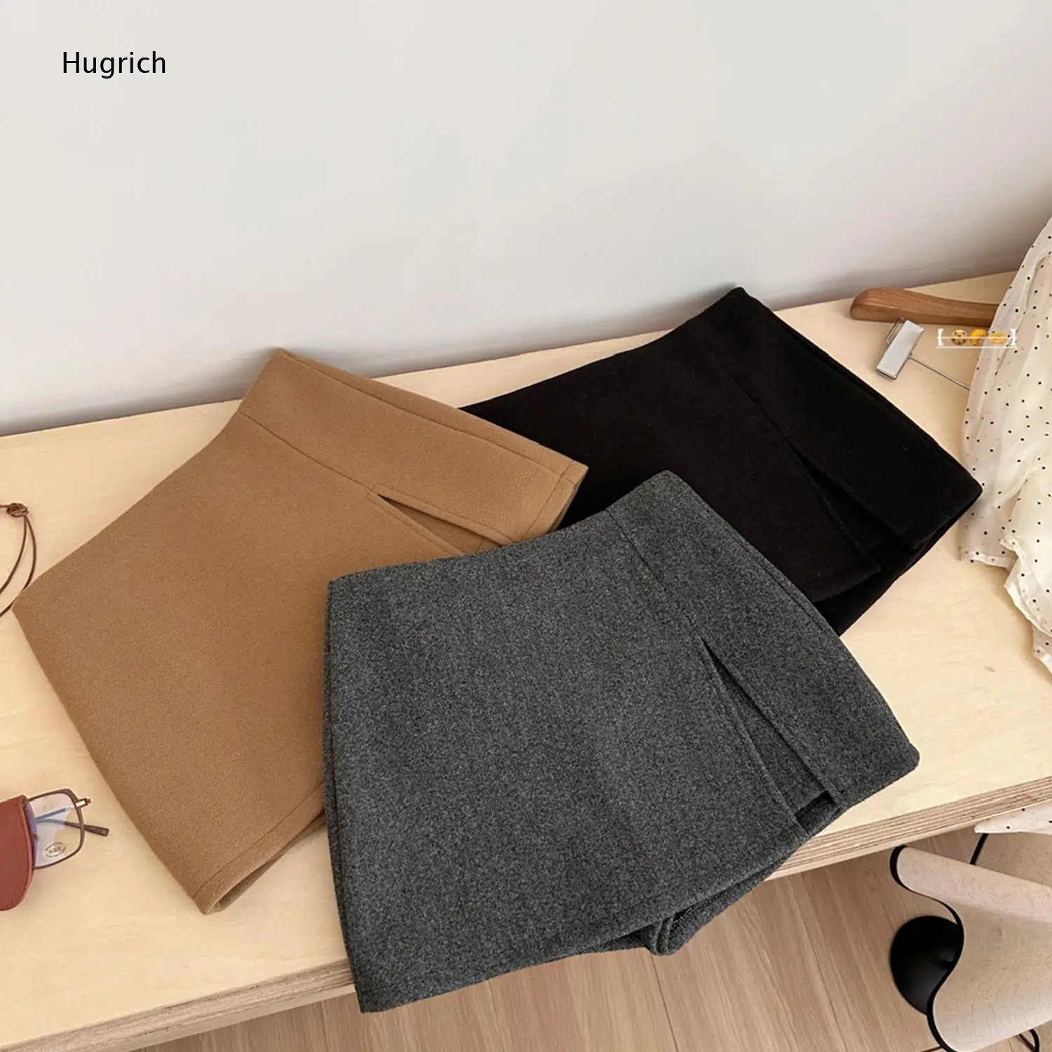 Warm Split Mini Skirt Solid High Rise Slim Silhouette Front Slit Soft Thick Fabric Daily Commuter Short Skirt