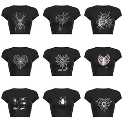 Gothic y2k black baby tee spider web print summer cropped top for women 90s vintage hip hop street Black o-neck top tee kawaii