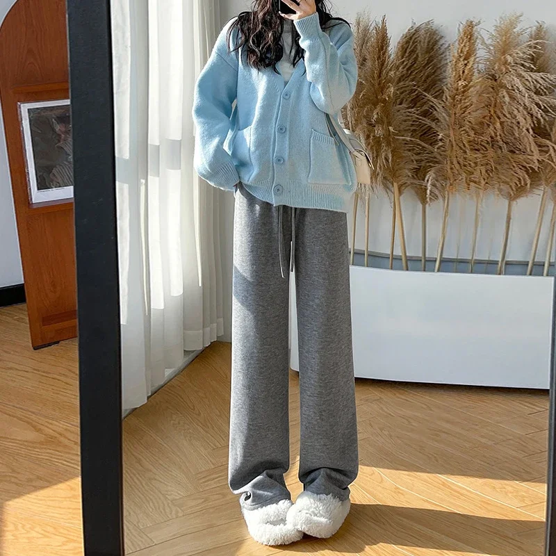 Knitted Drawstring Plush Wide Leg Pants Fashion Solid Color High Waist Floor Length Pants Slimming Straight Leg Casual Pants