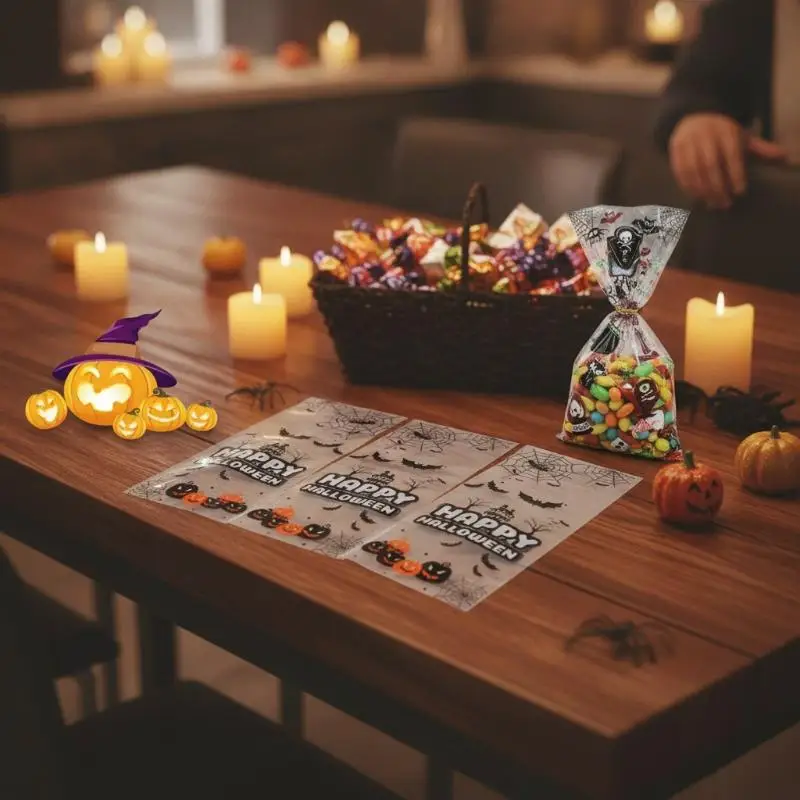 50 Pcs Plastic Halloween Candy Bags Transparent Gift Pouches for Kids Trick or Treat Halloween Party Decor Supplies