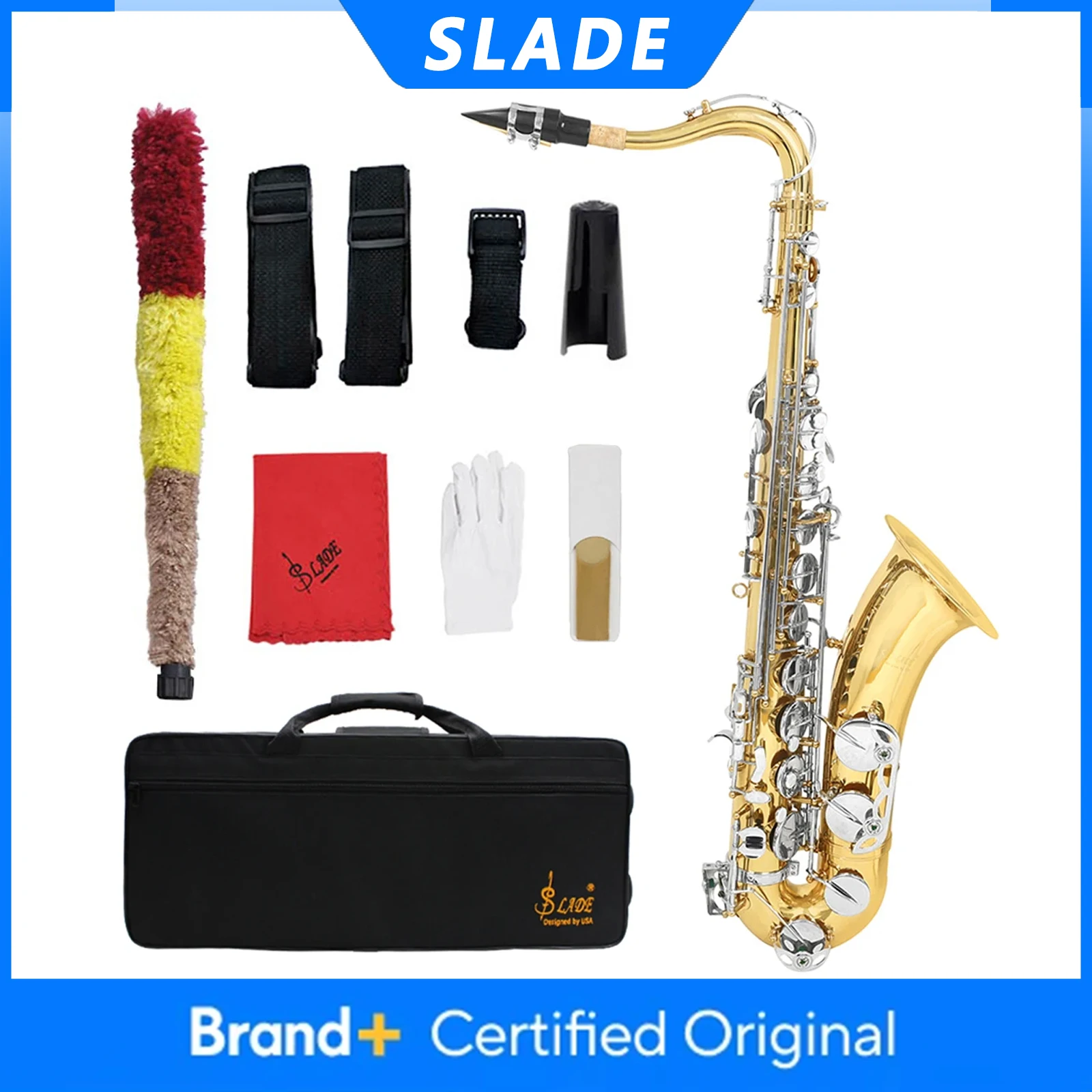 

Тенор-саксофон SLADE, латунный корпус, Bb-саксофон WT978, золотисто-серебристый, духовой инструмент с кейсом, тростниками, перчатками и аксессуарами