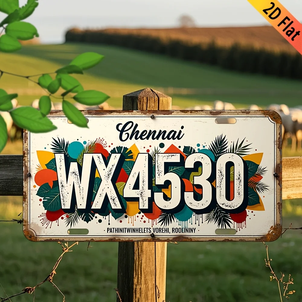 2D Flat, 1pc Vintage Aluminum Wall Sign Rustic Farmhouse License Plate Design with Chennai Lettering & Tamil Nadu State Symbo
