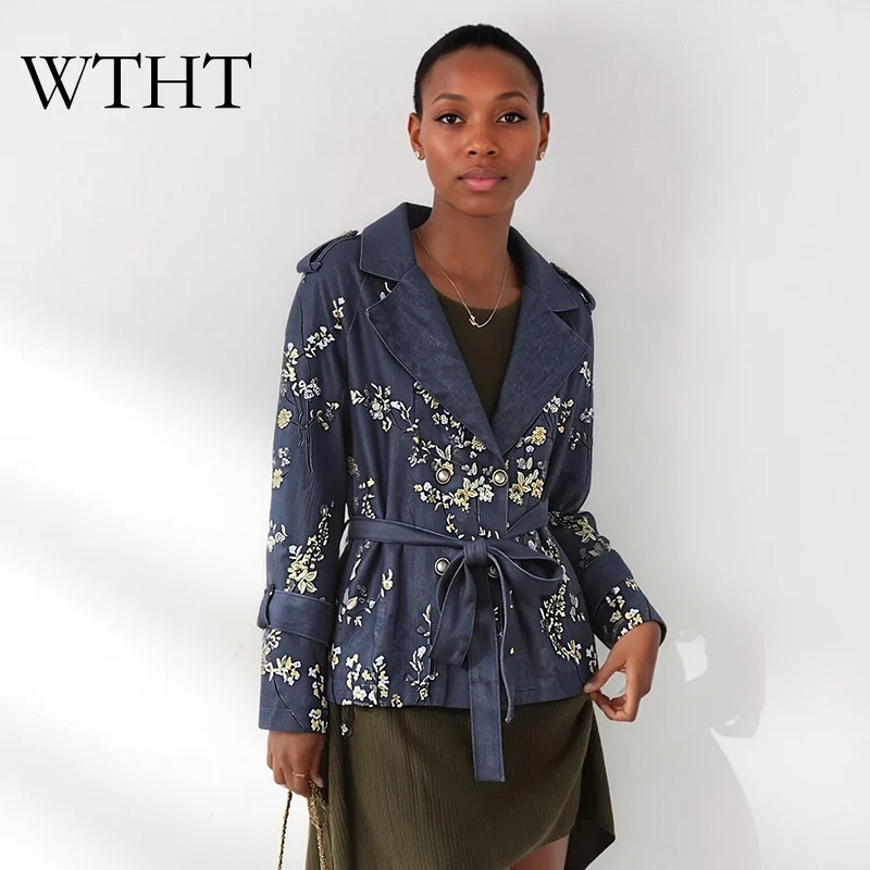 WTHT Fashion Women Double-breasted Flower Embroidery Denim Trench Coat 2026 Autumn Lapel Long-sleeve Windbreaker Female 1LS3185