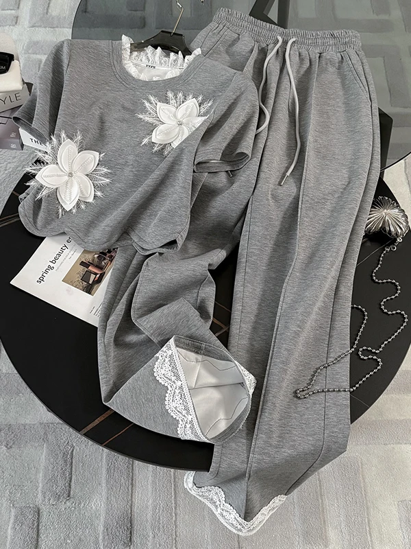 

Summer Sportswear Set Women's Grey Short Sleeve Top And Wide Leg Pants Two Piece Casual Sporty Outfit Youthful Design Sense