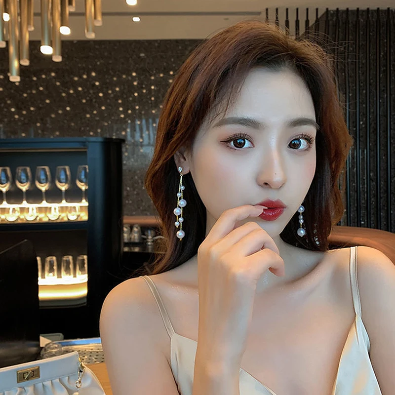 Korean Jewelry Elegant Simulated Pearls Long Dangle Earrings For Women  Vintage White Round Pearl Wedding  Earrings Gift