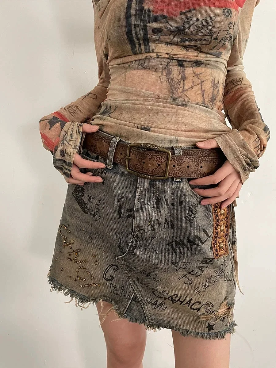 Retro Pattern Print Belts Women Pu Leather Designer Brand Buckle Pin Waist Belt Y2K Vintage All-Match Waistband Accessories