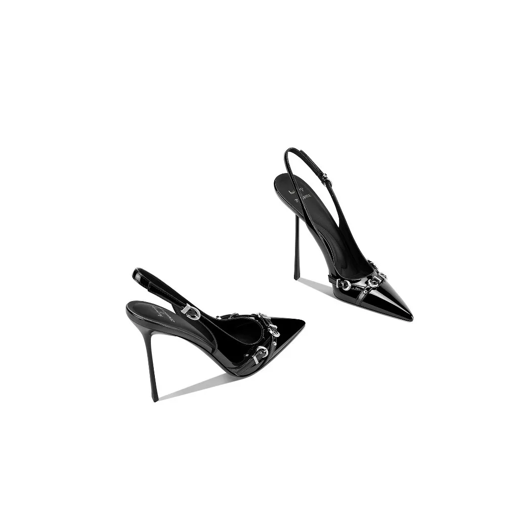 Fashionable Black Pointed Toe Thin Heel Sandals for Women New Spring Summer Strappy Open Back High Heel Sandals
