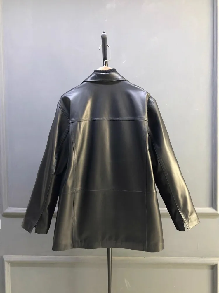 เสื้อสูทหนังแท้ทรงหลวมสไตล์ลำลองสำหรับผู้หญิง ดีไซน์เนอร์ออฟฟิศ กระดุมแถวเดียว ความยาวปานกลาง แฟชั่นเสื้อเบลเซอร์