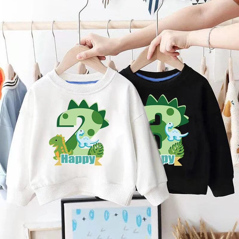 Dinosaur Number Birthday Autumn Kids Boys Girls Tee Sweatshirts 0-7Y Vintage Long Sleeve Pullovers Tops Hoody Children Clothes