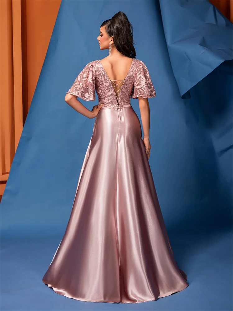 XUIBOL Elegant Short Sleeve Pink Satin Formal Evening Dress Luxury Long Women Mermaid Wedding Party Dress Cocktail Prom