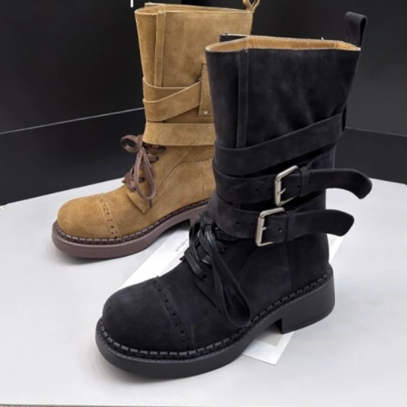 

Высококачественные женские ботинки из искусственной замши в стиле ретро, двойной широкий ремень с пряжкой, лоскутные дизайнерские ботинки на платформе со шнуровкой, модные ботильоны