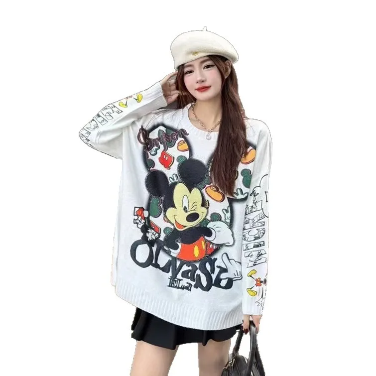 Cartoon Print Strass Rundhals Langarm Pullover Pullover für Frauen Süße Nette Lose Fit Herbst Winter Gestrickte Pullover