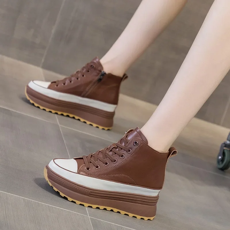 Sepatu bot kulit asli wanita, sneaker Platform bulu hangat Musim Semi dan Gugur untuk perempuan 7CM