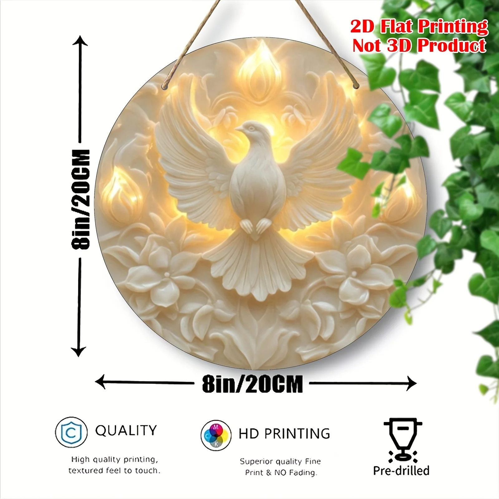 2D Flat - A 2D Flat Circular Wooden Decorative Plaque (8*8In/20*20Cm) Featuring a Vintage Holy Dove Theme, Suitable for Wall Dec