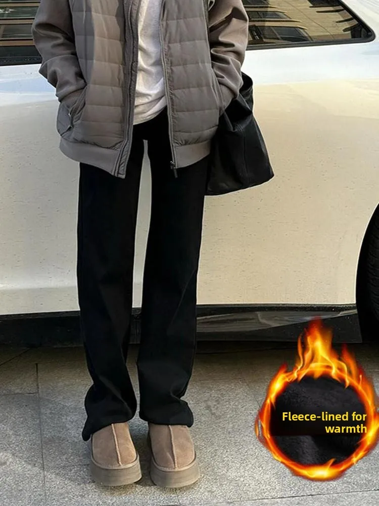 

Men's Fce Lined Denim Jeans High Street Sle Straight Leg Bla Elastic Waist Trousers Trendy Slim Fit Winter Faion