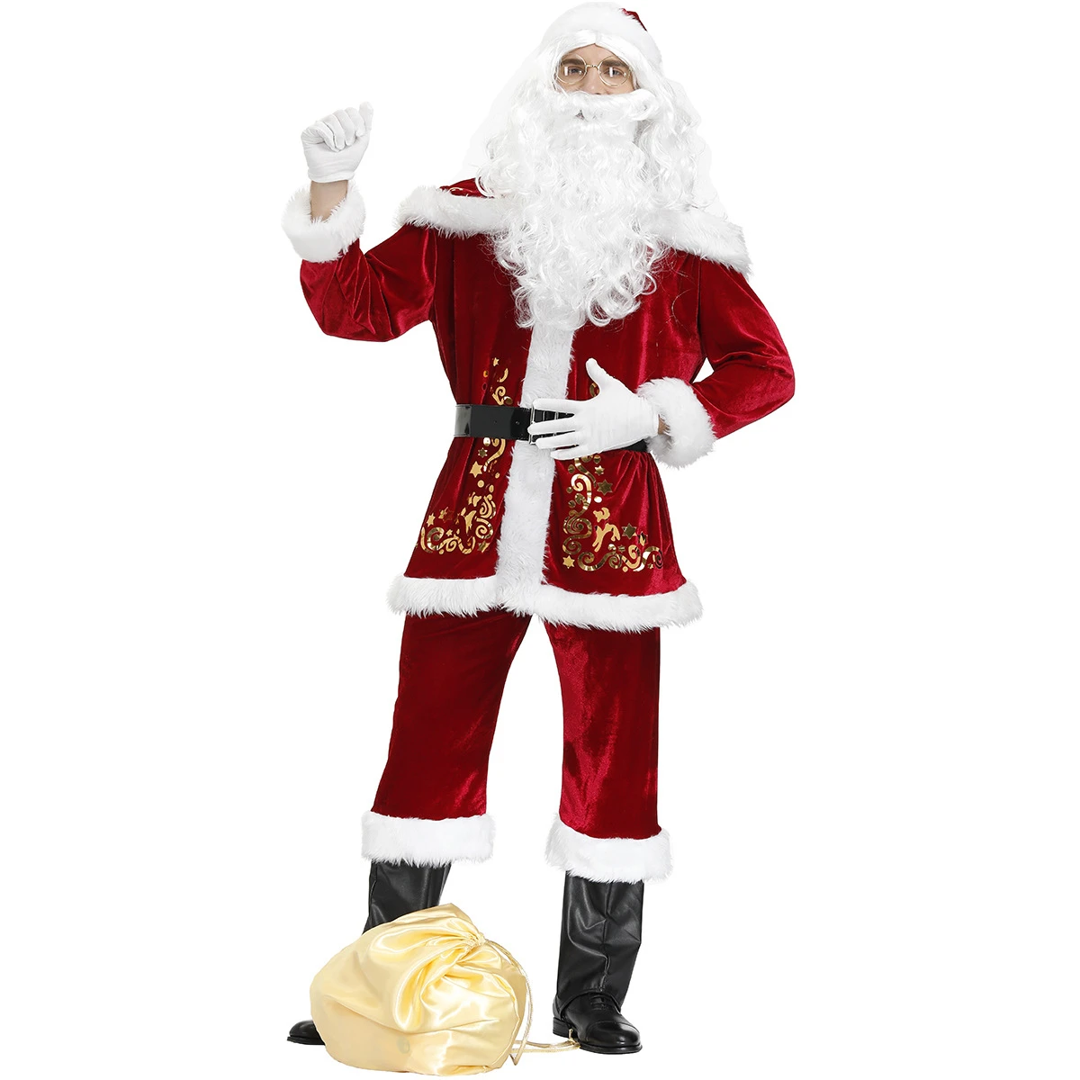 

Men Red Christmas Hat Top Shawl Pants Belt Gloves Boots Wigs Beard Suit Xmas Anime Santa Claus Cosplay Party Stage Show Costumes