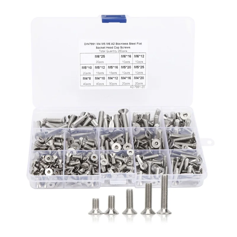 

260Pcs Flat Screw Set M4/M5/M6 Hex Socket Stainless Steel 304 For Electronics Industry