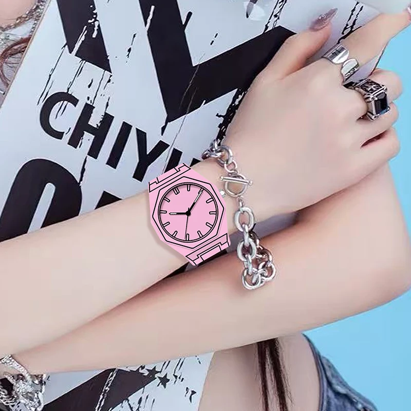ساعة يد نسائية بشريط وردي بتصميم مضيء على شكل خط كرتوني أنيمي ياباني متعدد الاستخدامات وساعة يد كوارتز رائعة