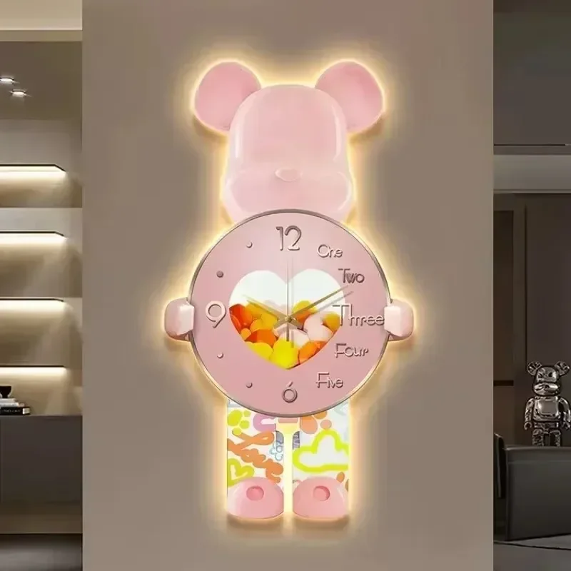 Aesthetic Bear Wall Clocks LED Lamp Bear Wall Silent Light Clock Luxurious Unique Living Room Porch Decor Interior Ornament