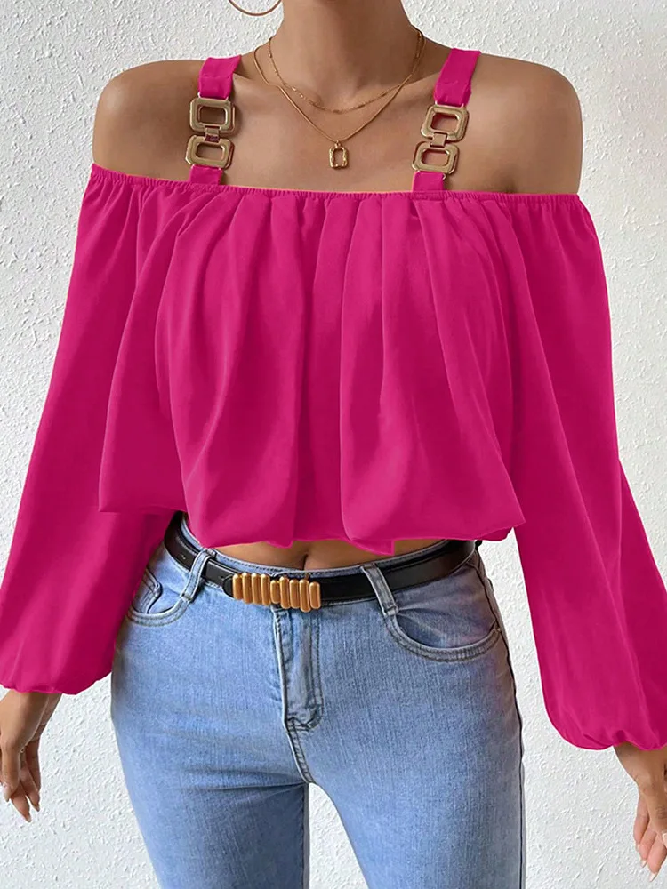 

Trendy 2026 Cross-Border Spicy Girl Strap One-Shoulder Popular Color Lantern Sleeve Loose Short Top Elegant Style Long Sleeve...