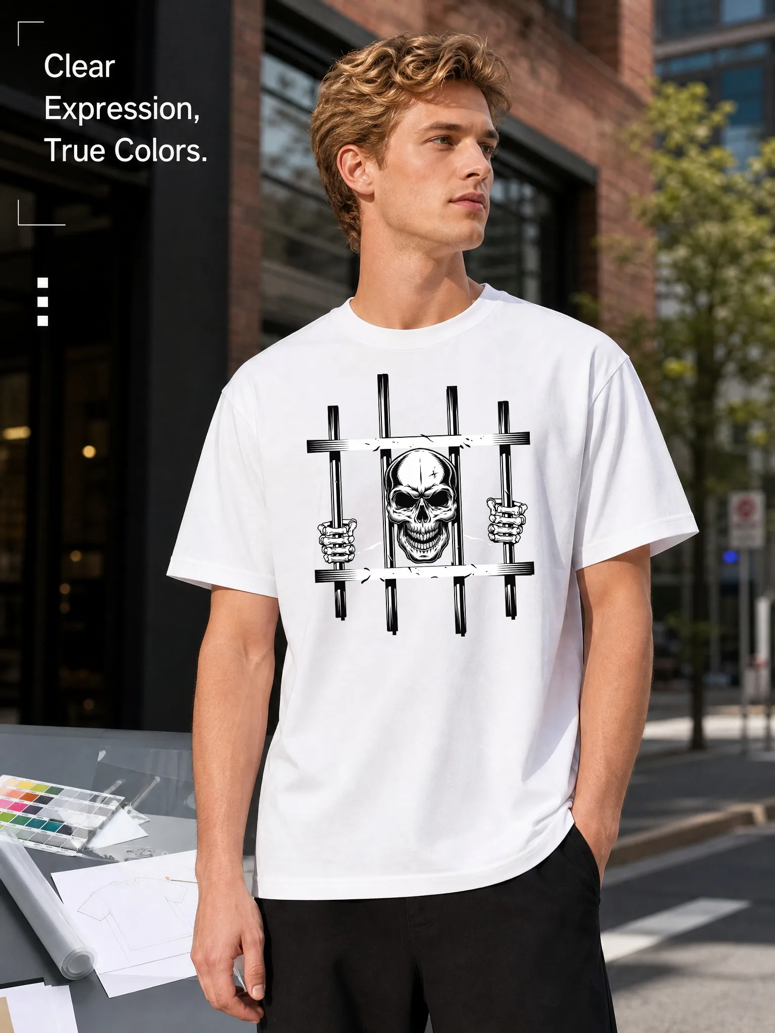 Men's White Loose-Fitting Round-Neck Short-Sleeve T-Shirt with Skull Print, Street Fashion Casual Style, Breathable and Comfortable, Versatile Item for Everyday Wear