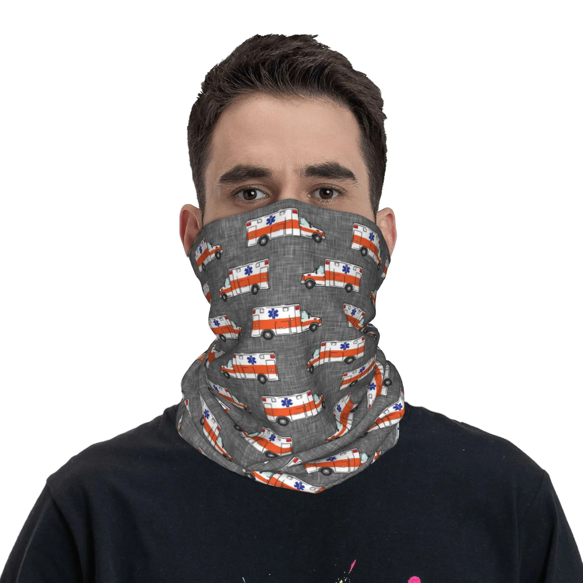 Ambulance on Orange and Gray Bandana Neck Gaiter Printed Mask Scarf Multi-use Balaclava Hiking Fishing For Men Women Adult