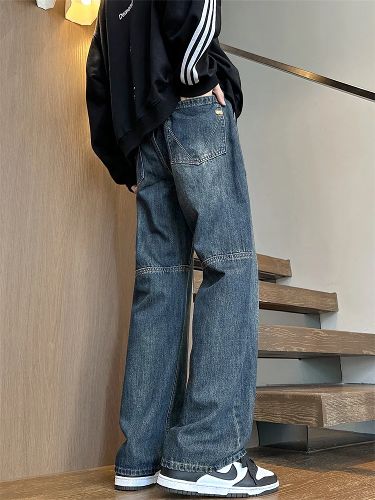 

American Retro Blue Washed Patchwork Straight Leg Jeans Men's Loose Design Casual Nostalgic Pants Autumn New Style
