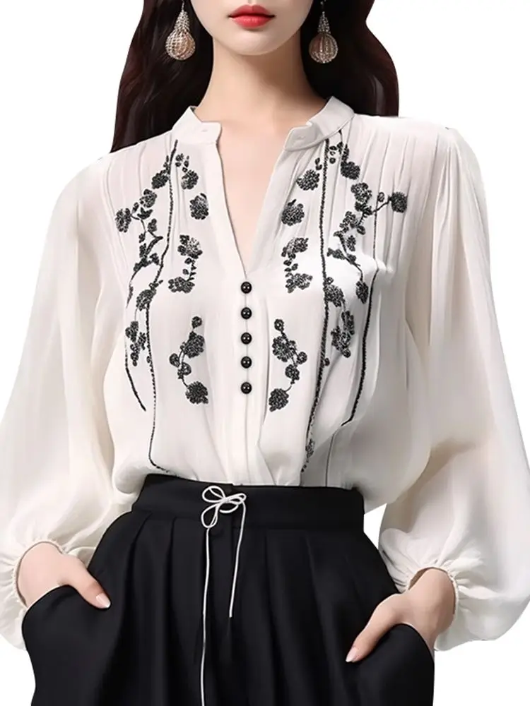 ZANZEA Women Vintage Long Lantern Sleeve Blouses 2024 Autumn Embroidery Tops Fashion Holiday V-neck Tunics Elegant Party Blusas