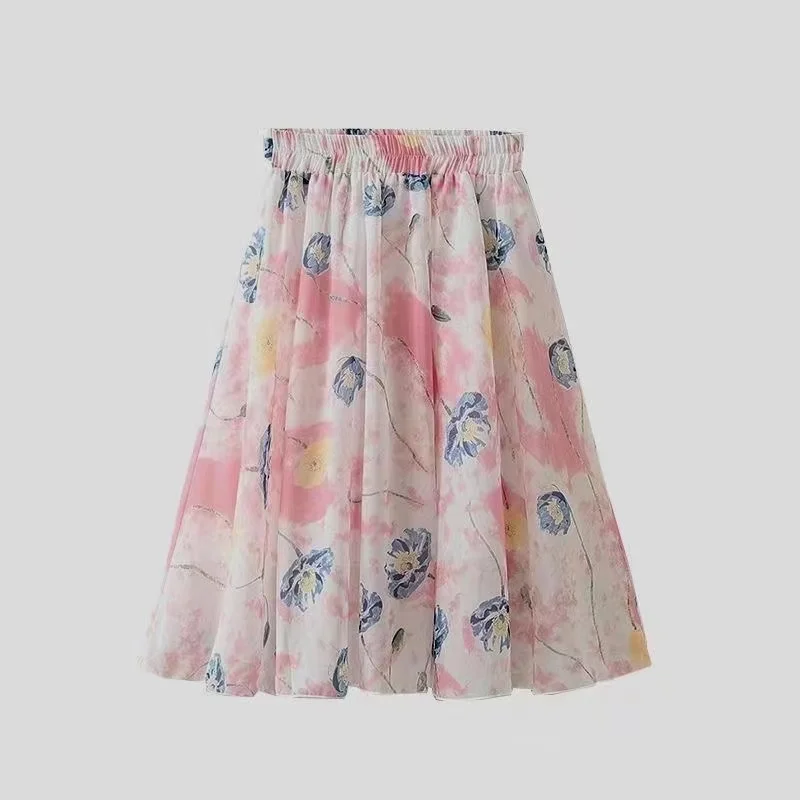 Retro National Style Girls Kids Skirts 2023 New Chiffon Elastic High Waist Midi Skirts Floral Print Holiday Beach Skirts