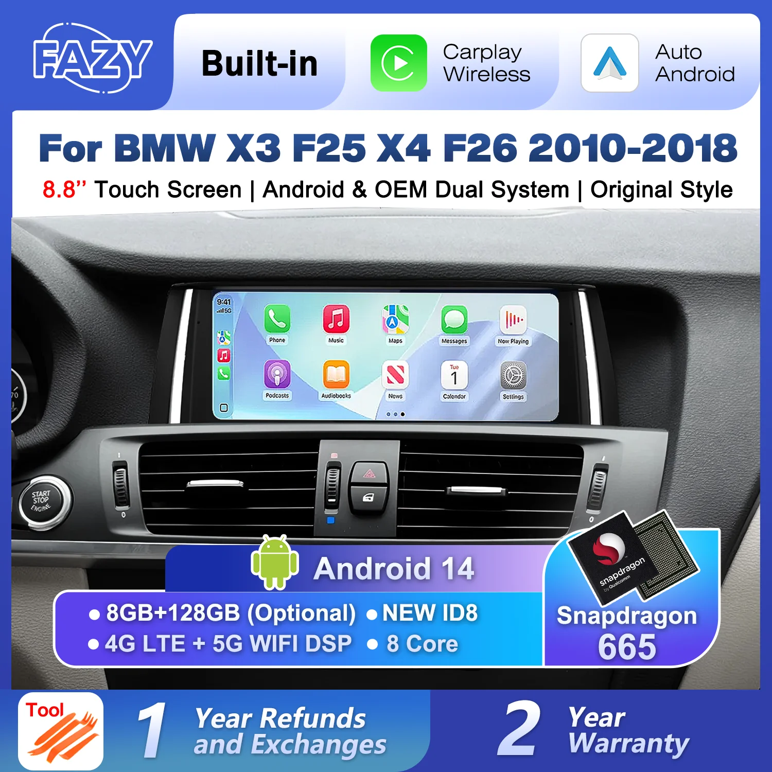 Image of 8,8'' Neuer ID8 Android 14 Wireless Carplay Touchscreen im Originalstil für BMW X3 F25 X4 F26 Stereo Auto Radio Multimedia Player