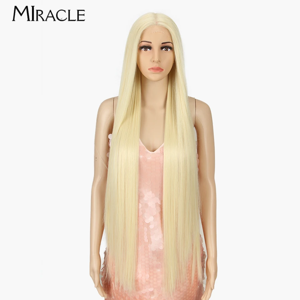 MIRACLE Synthetic Straight Lace Wig for Women Blonde Cosplay Wig Soft Long 38Inch Fiber Straight Fake Hair Heat Resistant