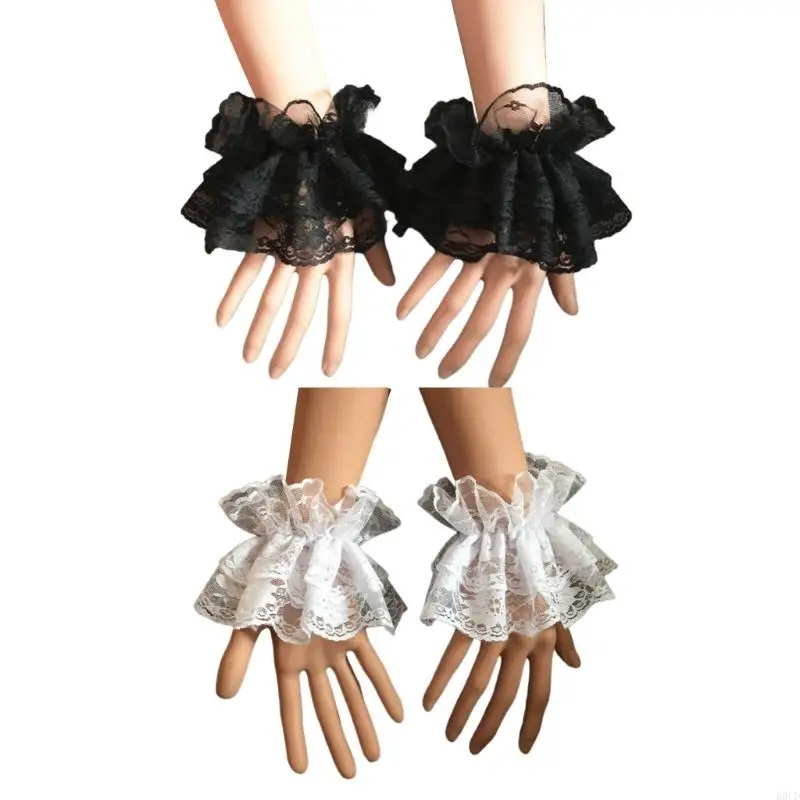 

D0UD Bride Dress Pleated Wrist Cuffs Spring Summer Lovely Skirt Removable Flounces Wrist Sleeves with Lace Flower Pattern