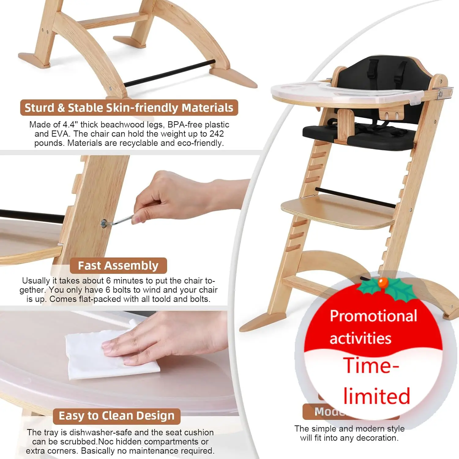 

Cowiewie New Upgrade 3-in-1 Convertible Wooden High Chair for Babies & Toddlers 10 Levels Adjustable 3-Tier Remove 2 Waterproof