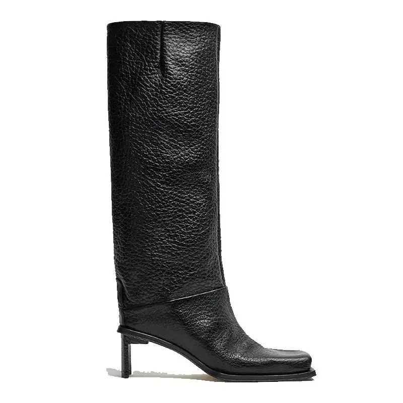 New Fashionable Square Head High Heels Women\'s Knee Length Boots with Side Zipper Stone Pattern Women\'s Mid Length Boots