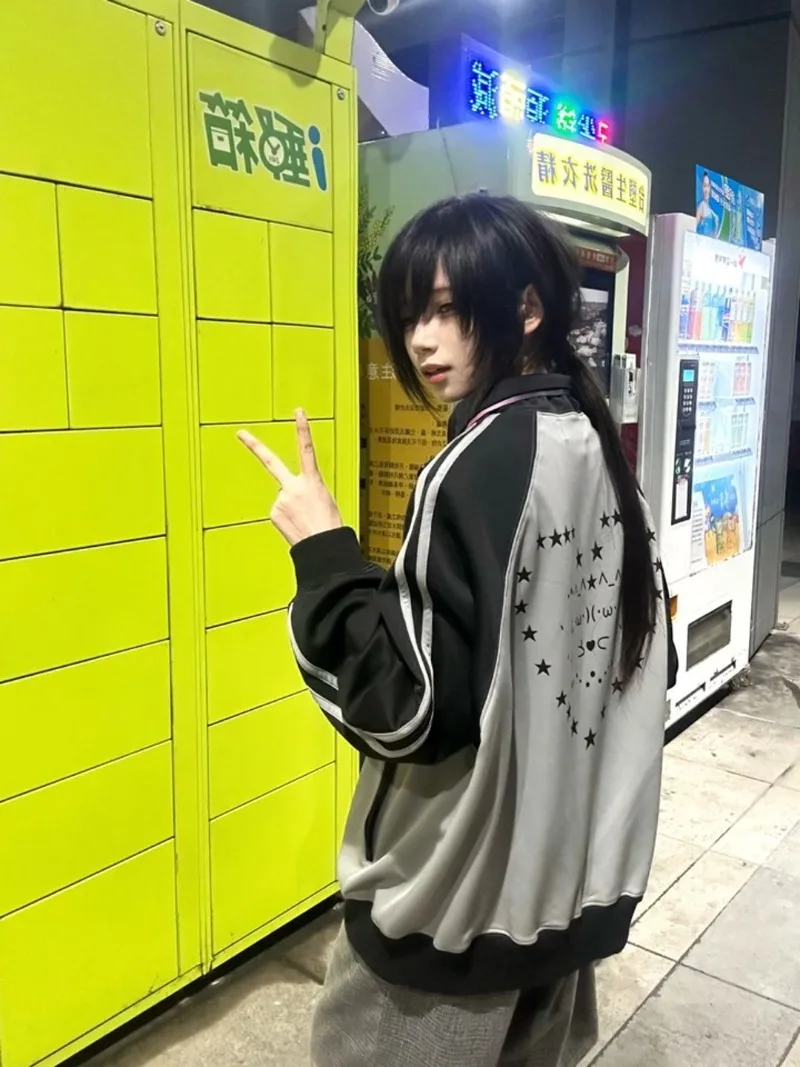 Subculture Y2k Millennial Japanese Two-dimensional Kaomoji Print Contrasting Color Stand-up Collar Loose Coat Sweater For Women