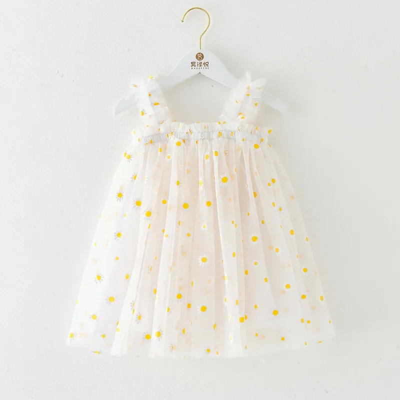 Toddler Girls Summer Sling Dress Sleeveless Daisy Print A-Line Tulle Princess Dress Kids Birthday Party Skirt Cute Baby Clothes