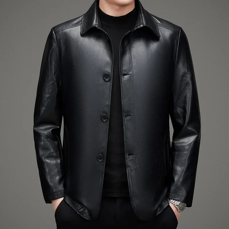 Middle-Aged Leisure Dad Leather Coat New High-End Men Leather Jacket Lapel Casual Solid Color Large Size Outwear Trend