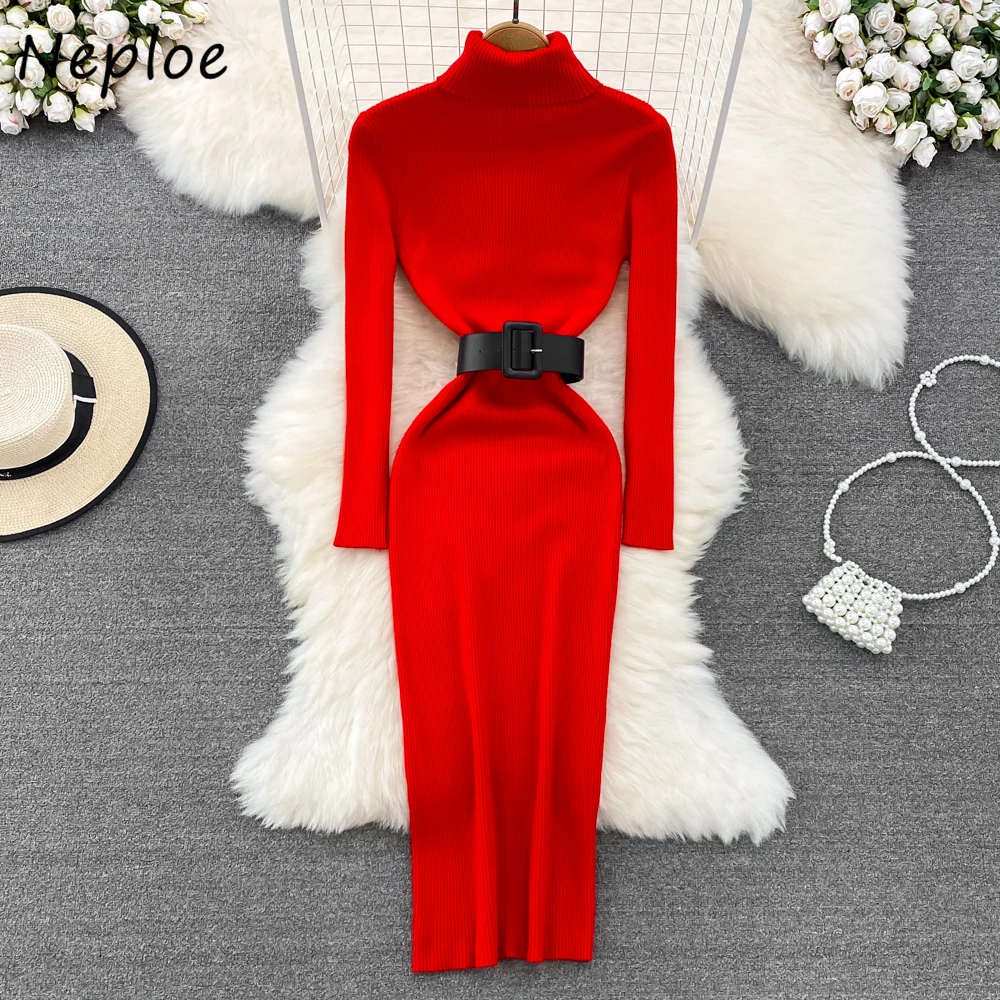 

Neploe 2024 Korea Vintage Elegant Turtleneck Dresses Mid-length Slim Knit Belt Femme Robe Belt Bottom Pullover High Waist Mujer