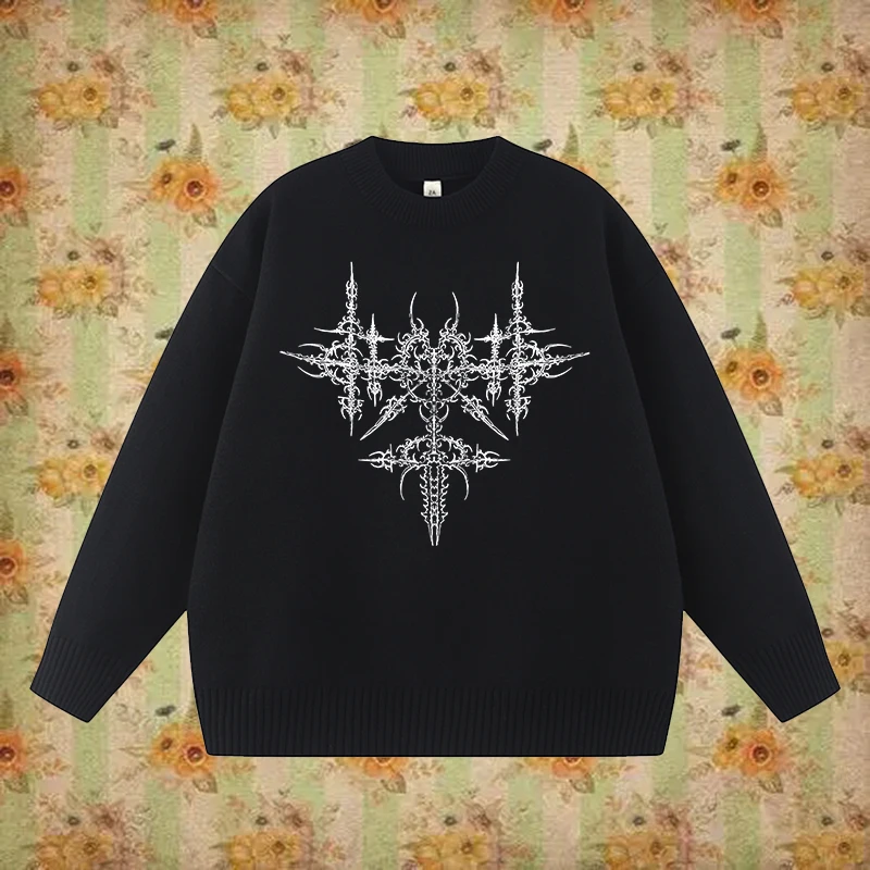 

Autumn/Winter Trendy Punk Crewneck Sweater Knit Harajuku Long Sleeve Loose Hip-Hop Tops Creative Comic Pattern Printing Pullover