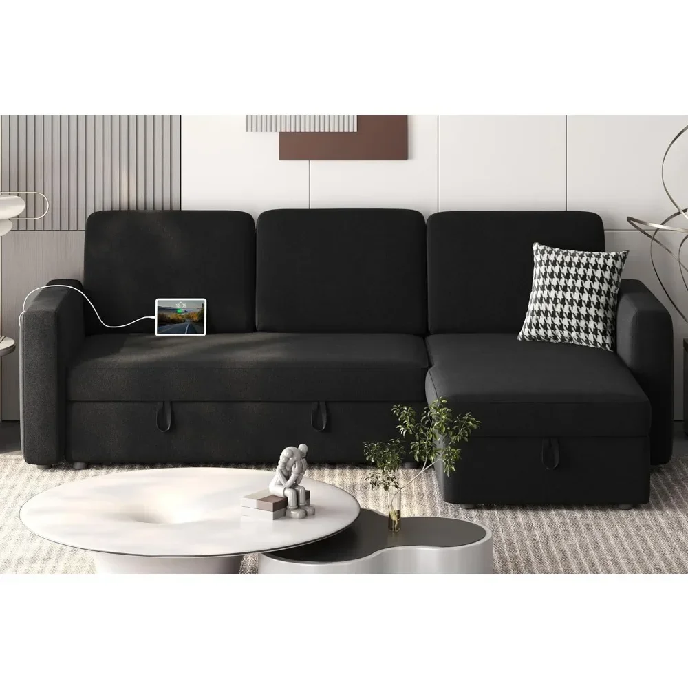 Sectional Sofa L-Shaped Sofa Couch Bed w/Chaise & USB, Reversible Couch Sleeper w/Pull Out Bed & Storage Space