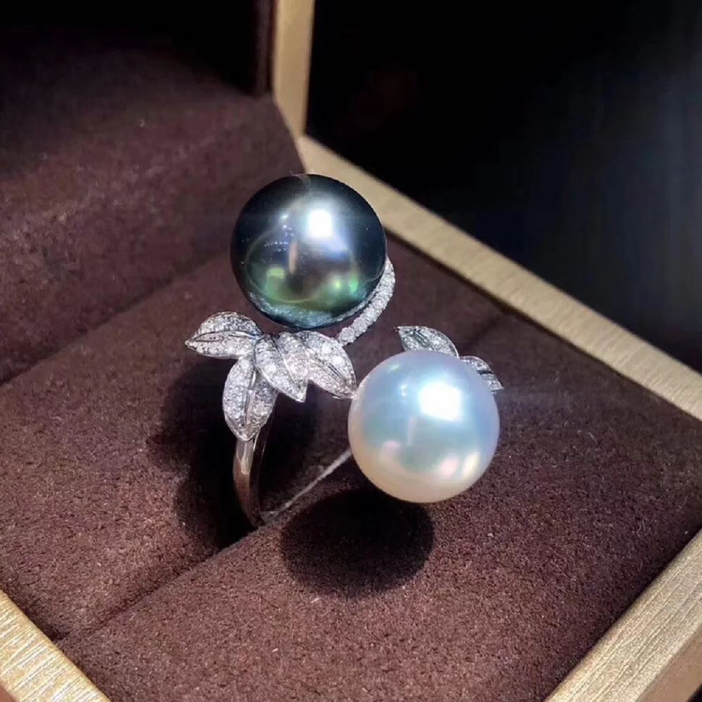 

Gorgeous Double Pearl Ring AAAA 8-10mm Natural Round Nanhai Black and+ White Pearl Open Ring 925S