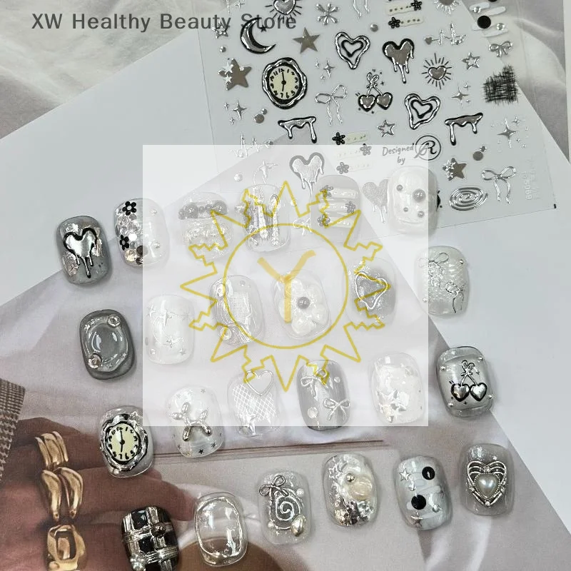 Silver Lava Annual Ring Cherry Clock Watch Starburst Love Heart Rate Chart Moon Star Line Bowknot Line Nail Art Stickers Decals