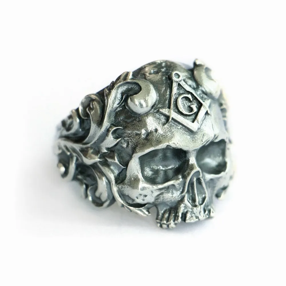 925 Sterling Silver Masonic Skull Ring Biker Punk Jewelry TA116 US Size 7~15