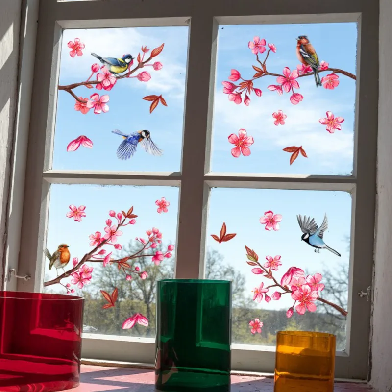 PVC Static Window Decor Decorative Flower Birds Sticker Vinyl Art Spring Flowers Glass Wall Decal for Home Bathroom Decoration