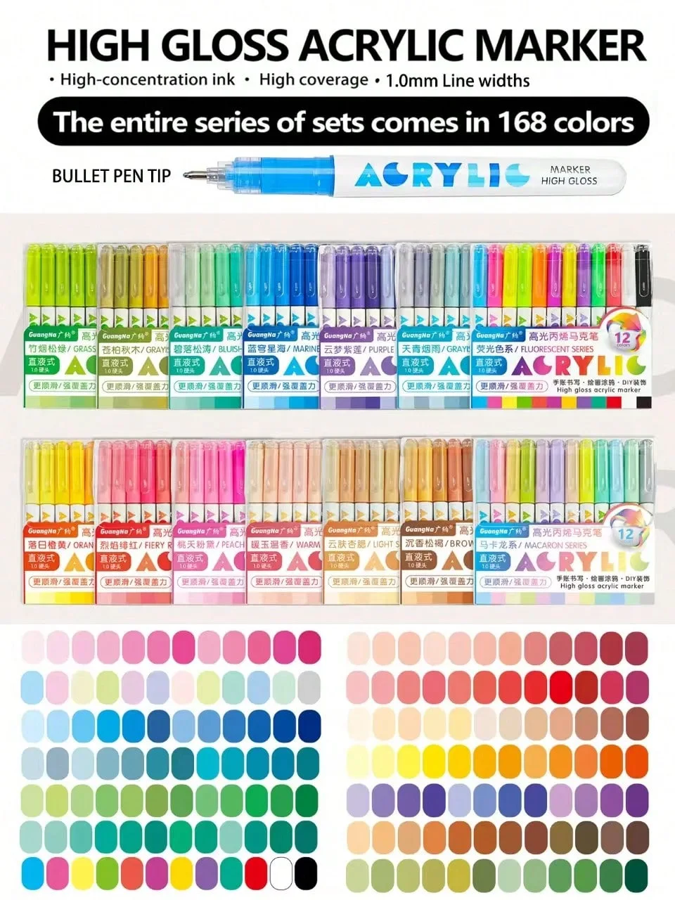 Guangna Marker Pen Set with 288 Colors High-Gloss Acrylic Paint Markers (24 Color Themes) High Concentration Ink, High Coverage, 1.0mm Line Width, Gift Box Set/Single Card Direct Liquid High-Gloss Acrylic Water-Based Pen Set, Paint Markers, Drawing Pens, Art School Studio Supplies, DIY Creation, Can Create 3D Drawing Effects, Suitable for Wood, Ceramics, Metal, Glass