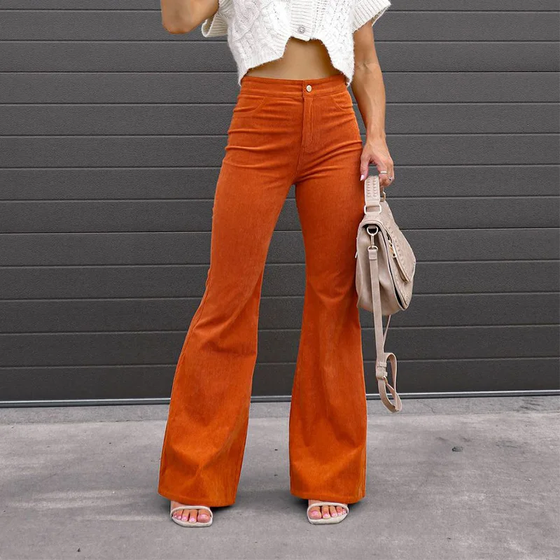 

Street Fashion Pantalon Europe American Spring Autumn Women's Solid Mid Waist Slim Micro Bell Bottoms Corduroy Casual Sweatpant