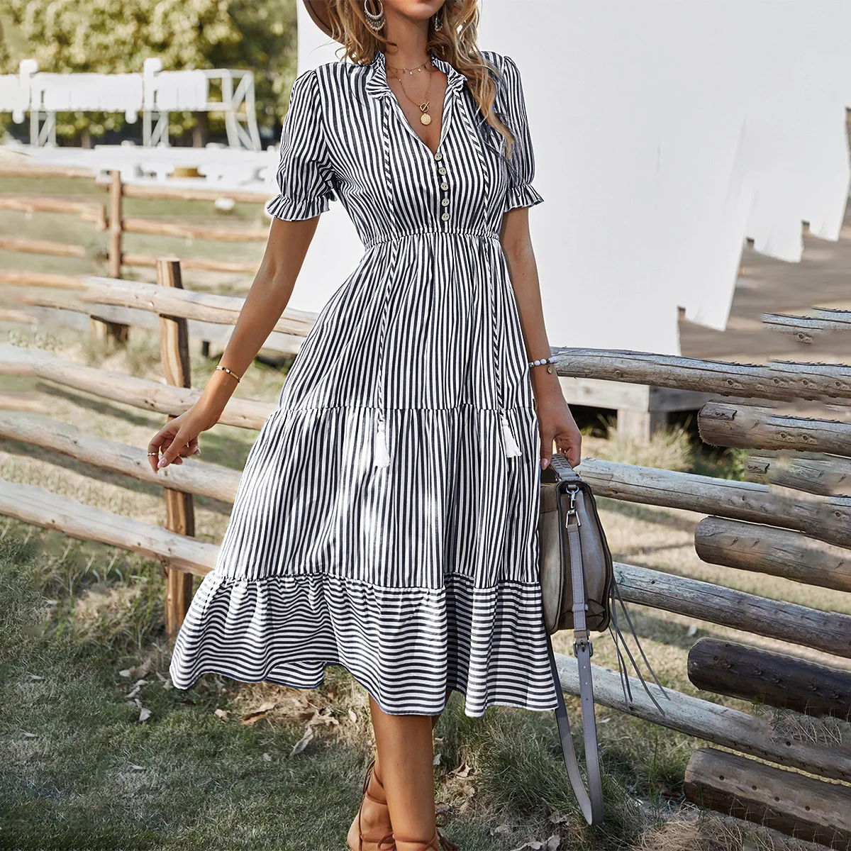 Summer Classic Striped Dress for Women Lapel High Waist Ladies Commuting Dress with Button Decoration Patchwork Vestidos